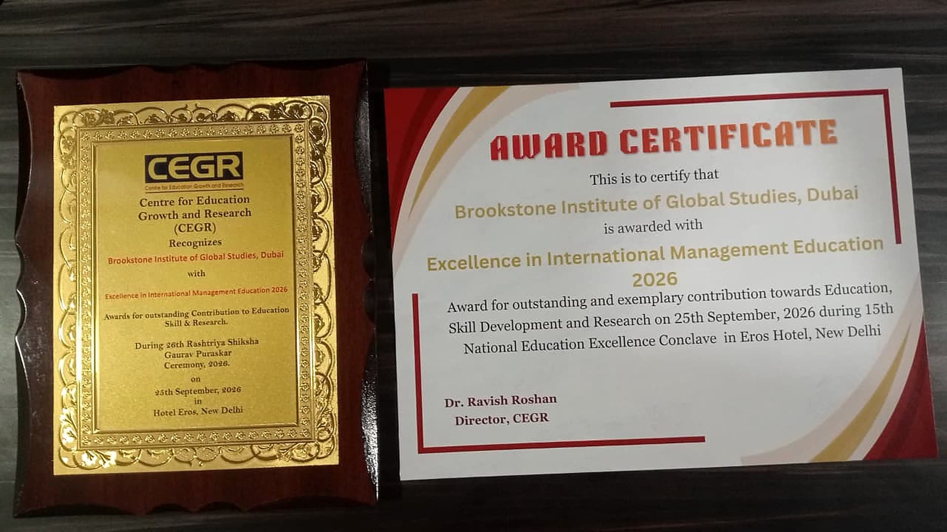 CEGR plaque and award certificate presented to Brookstone Institute of Global Studies, Dubai