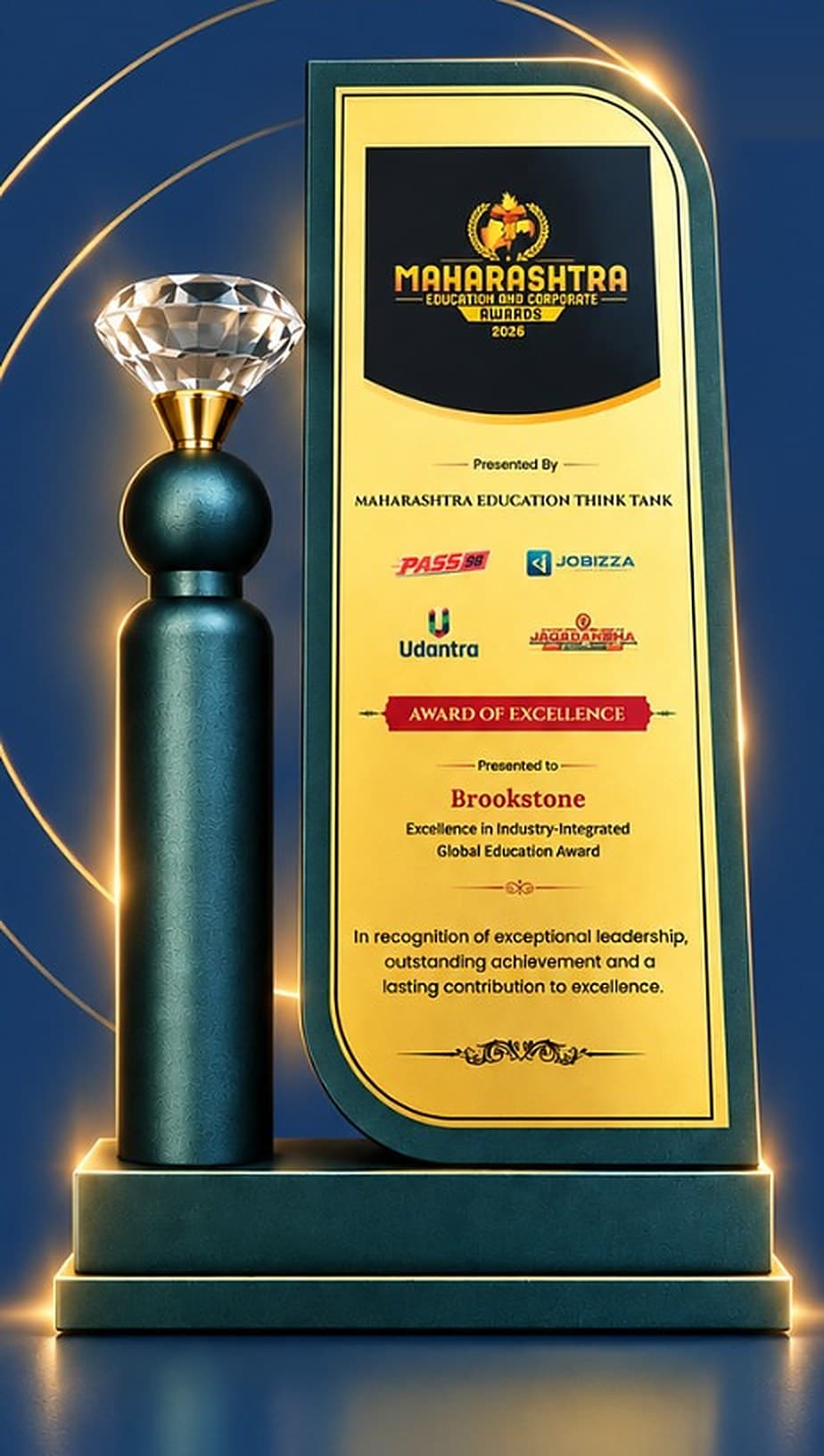 Maharashtra Education & Corporate Awards 2026 trophy presented to Brookstone